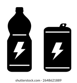 Energy drink or energetic drink silhouette black colour. Black bottle and black can clip art cartoon style vector illustration for education, or graphic resources