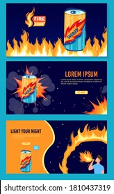 Energy drink flame can vector illustration. Cartoon flat energetic drink promotion banner design collection with man character drinking burning in fire tonic, soda or alcoholic flaming effect beverage