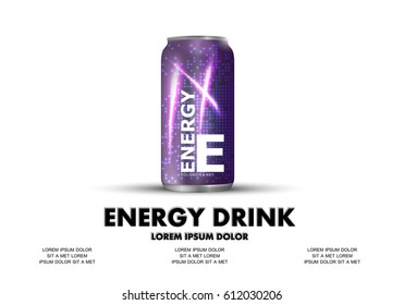 Energy drink isolated on white backdrop.Contained in purple can template,with element surrounds.For web site,poster,placard,wallpaper and flyer.Also useful for ads,advertisement and social network