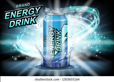 Energy Drink Label Ads With Ice Cubes On Dark Background. Package Design Energy Drink For Poster Or Banner. Realistic Aluminium Can Mock Up. Vector 3d Illustration
