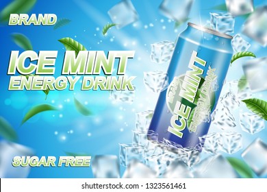 Energy Drink Label Ads With Ice Cubes And Mint Leaves. Package Design Energy Drink For Poster Or Banner. Realistic Aluminium Can Mock Up. Vector 3d Illustration