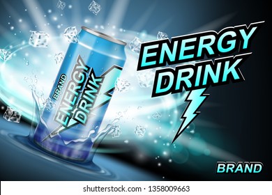 Energy Drink Label Ads With Ice Cubes And Splash On Dark. Realistic Package Lightning Design, Energy Drink For Poster Or Banner. Vector 3d Illustration