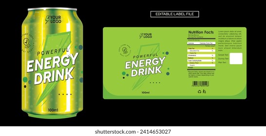 Energy drink label design, soft drink cold drink label packaging design, bottle can label print ideas, bold modern beverage label illustration vector editable file