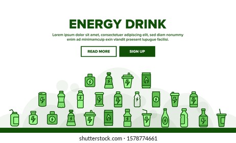 Energy Drink Landing Web Page Header Banner Template Vector. Energy Beverage In Plastic And Metallic Bottle, Glass And Aluminum Container Illustration