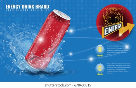 Energy Drink Metal Can Mockup With Water Splash And Drops For Advertisement Layout 3d Template For Your Design. Illustrated Realistic Vector.