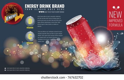 Energy drink metal can mockup with water splash and drops for advertisement layout 3d template for your design. Illustrated realistic vector.