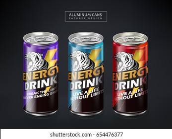 energy drink metal can package design, dark gray background, 3d illustration