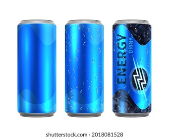 Energy drink metal can. Realistic aluminium cans of cold coffee. Drinks bottle with water drops vector mockup