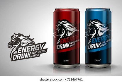 Energy drink mockup, two metallic cans with horse logo design in 3d illustration