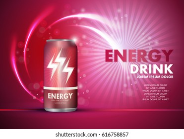 Energy drink on sparkly and shiny background.Contained in fuchsia can template,with element surrounds.For poster,placard,web site and flyer.Useful for ads,advertisement and social network