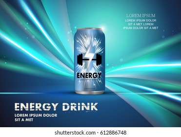 Energy drink on wavy and shiny backdrop.Contained in blue can template,with.For web site,poster, placard, wallpaper, flyer and leaflet. Also useful for ads, advertisement and social network