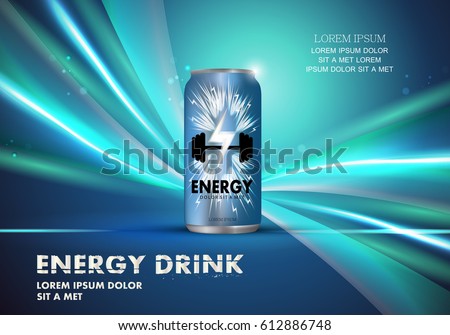Energy drink on wavy and shiny backdrop.Contained in blue can template,with.For web site,poster, placard, wallpaper, flyer and leaflet. Also useful for ads, advertisement and social network