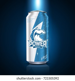 Energy drink package design, blue and white tone with lightning and horse pattern, 3d illustration