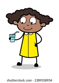 Energy Drink - Retro Black Office Girl Cartoon Vector Illustration