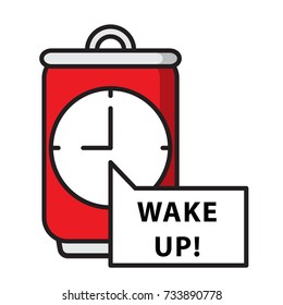 energy drink in a tin, alarm, cheerful morning, vector image, flat design,outline style