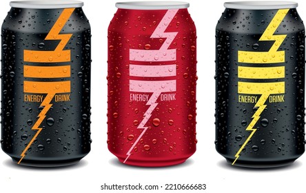 Energy drink tin can with many fresh juice drops. Template Tin package design	
