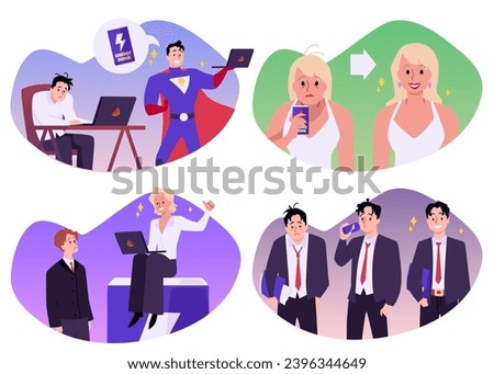 Energy drink usage banners set with people character, flat vector illustration isolated on background. Benefits of drinking energy drinks for activity and productivity.