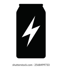 Energy drink vector icon. Lightning bolt symbol on beverage can for sports, fitness, and active lifestyle themes. Black silhouette isolated on white background.