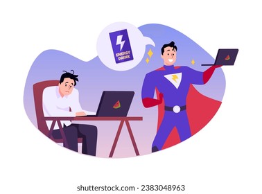 Energy drinks advertising banner concept with productive and tired businessman, flat vector illustration isolated on background. Increase activity with energy drinks.