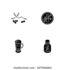 Energy drinks black glyph icons set on white space. Taurine formula. Health warning. Coffee cup. Shot for stamina boost. Frappe in glass mug. Silhouette symbols. Vector isolated illustration