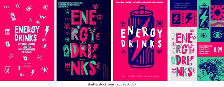 Energy Drinks. Bold and energetic visuals with vibrant hand-drawn elements, tailored for promotional posters, product branding, and modern packaging.