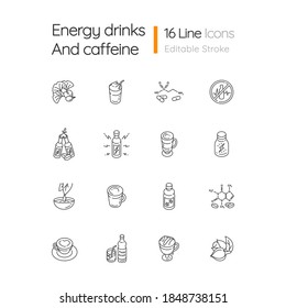 Energy drinks and caffeine linear icons set. Ginkgo biloba. Scientific formula of compound. Coffee mug. Customizable thin line contour symbols. Isolated vector outline illustrations. Editable stroke