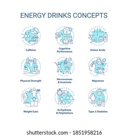 Energy drinks concept icons set. Health issues idea thin line RGB color illustrations. Caffeine. Migraines. Amino acids. Physical strength. Vector isolated outline drawings. Editable stroke