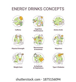 Icons für Energy Drinks Concept Set. Gesundheitseffekte entwerfen dünne RGB-Farbillustrationen. Koffein. Anerkennung. Aminosäuren. Körperliche Stärke. Vektor-einzelne Rahmenzeichnungen. Bearbeitbarer Hub