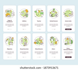Energy drinks ingredients and dangers onboarding mobile app page screen with concepts set. Health problems walkthrough 5 steps graphic instructions. UI vector template with RGB color illustrations