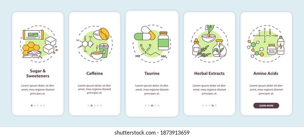 Energy drinks ingredients onboarding mobile app page screen with concepts. Sugar, caffeine, taurine walkthrough 5 steps graphic instructions. UI vector template with RGB color illustrations