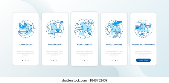 Energy drinks negative effects onboarding mobile app page screen with concepts. Tooth erosion, weight gain walkthrough 5 steps graphic instructions. UI vector template with RGB color illustrations