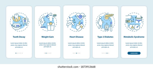 Energy drinks side effects onboarding mobile app page screen with concepts. Tooth decay, weight gain walkthrough 5 steps graphic instructions. UI vector template with RGB color illustrations
