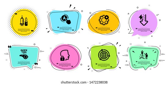 Energy drops, Ab testing and Globe line icons set. Chat bubbles with quotes. Tutorials, Fireworks and Cogwheel signs. Unlock system, Medical vaccination symbols. Power usage, A test. Vector