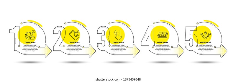 Energy drops, Correct answer and Smartphone waterproof line icons set. Timeline process infograph. Copywriting notebook sign. Power usage, Speed symbol, Phone. Writer laptop. Technology set. Vector