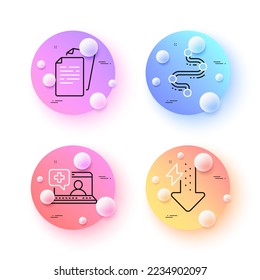 Energy drops, Documents and Timeline minimal line icons. 3d spheres or balls buttons. Medical help icons. For web, application, printing. Power usage, Office file, Journey path. Vector