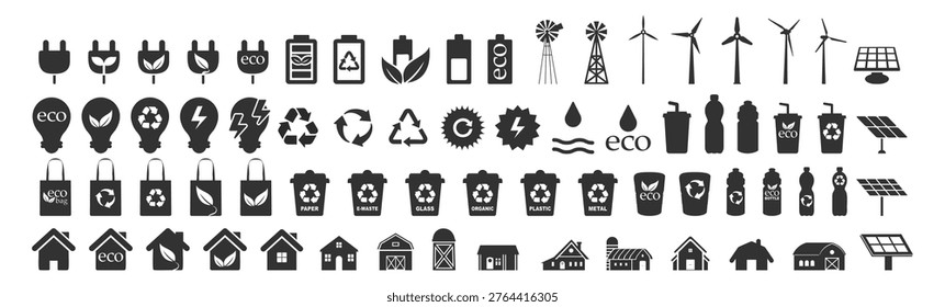 Energy and eco icon collection featuring plug, renewable power, recycling, solar panel, windmill, battery, trash bin, bottle, bag, house, and farm icons on transparent background