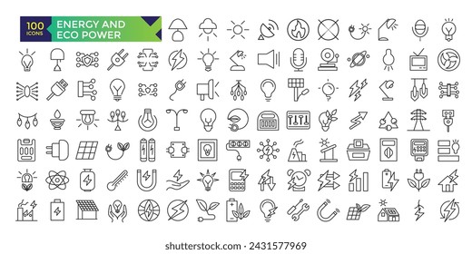 Energy and ECO Power Icon Set In Outline Style. Green Energy, Renewable Energy and Other Icons