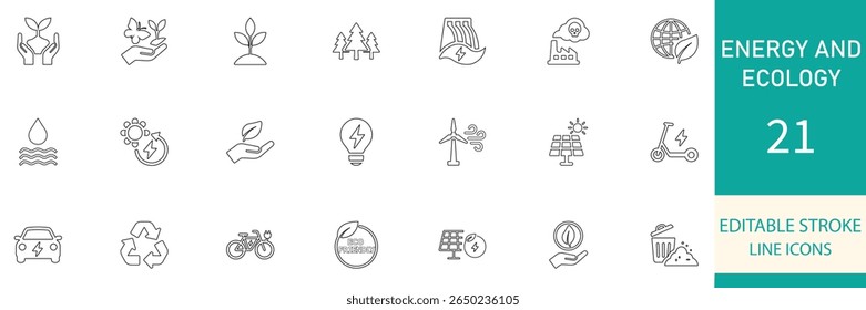 
Energy and ecology best editable line icons collection. Perfect for representing green energy, eco-friendly lifestyle, sustainability, recycling, solar, and environmental concepts.