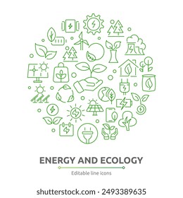 Energy and Ecology icon set. Planet care, natural recycling power, renewable energy, solar cells, environment, green technology, nature, recycle, hydroelectric green icon pack. Outline icon set