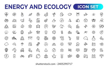 Energy and Ecology Line Editable Icons set. Vector illustration in modern thin line style of eco related icons: protection, planet care, natural recycling power. Pictograms and infographics.
