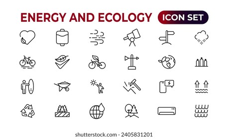 Energy and Ecology Line Editable Icons set. Vector illustration in modern thin line style of eco related icons: protection, planet care, natural recycling power. Pictograms and infographics.
