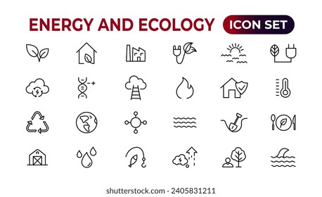 Energy and Ecology Line Editable Icons set. Vector illustration in modern thin line style of eco related icons: protection, planet care, natural recycling power. Pictograms and infographics.
