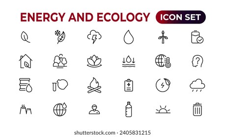 Energy and Ecology Line Editable Icons set. Vector illustration in modern thin line style of eco related icons: protection, planet care, natural recycling power. Pictograms and infographics.
