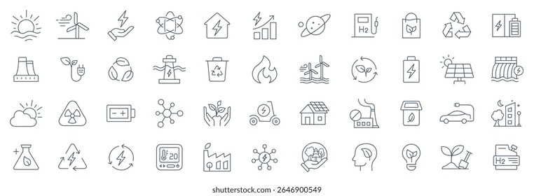 Energy and Ecology Line Icons Set - Renewable Power, Sustainable Solutions, and Environmental Vector Symbols Illustration