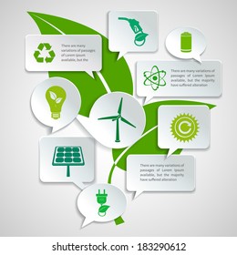 Energy and ecology paper speech bubbles business infographics design elements with green leaf background concept vector illustration