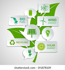 Energy and ecology paper speech bubbles business infographics design elements with green leaf background concept vector illustration