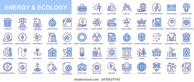 Energy and ecology web icons set in duotone outline stroke design. Pack pictograms with solar panel, recyclable, gas fuel, save planet, accumulator, electric light, nuclear power. Vector illustration.