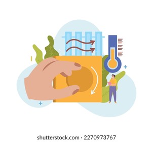 Energy economy flat composition on blank background with hand rotating knob controlling heating system with thermometer vector illustration