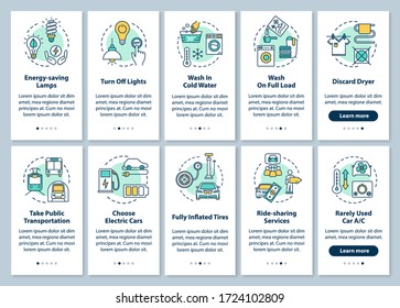 Energy effectiveness onboarding mobile app page screen with concepts set. Saving money in travel walkthrough five steps graphic instructions. UI vector template with RGB color illustrations