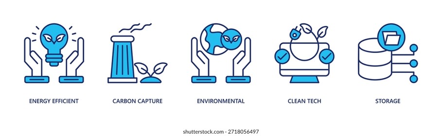 Ilustración vectorial de íconos de Anuncio de Web de tecnología ambiental con eficiencia energética, captura de carbono, ambiental, tecnología limpia, almacenamiento